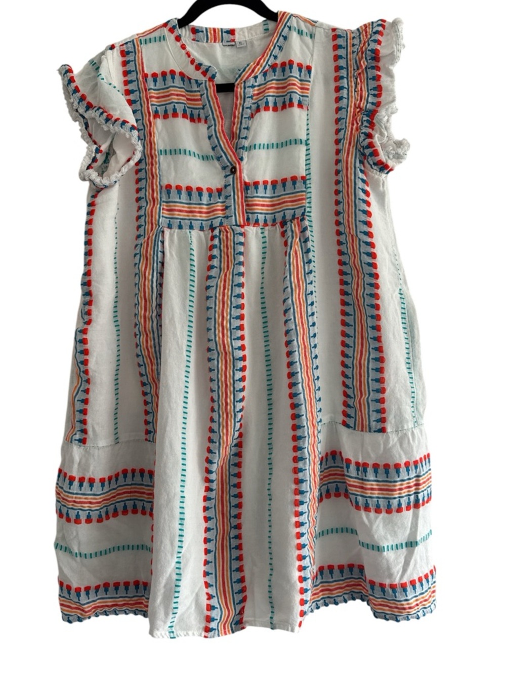 Grace & Karma Boho Embroidered Aztec Stripe Tunic Dress White/Multicolor Size XL